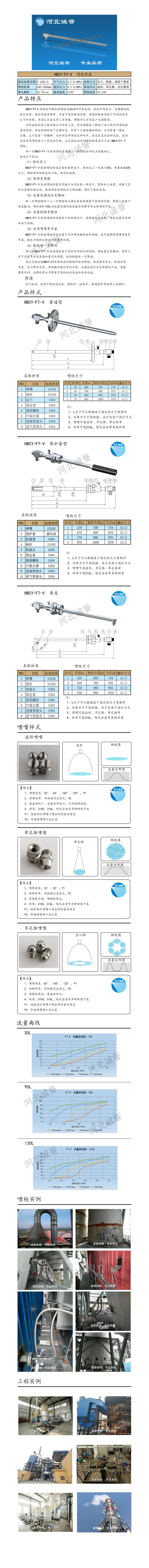 FT-V脫硝噴槍保護(hù)套、噴槍參數(shù)、材質(zhì)尺寸、流量分布圖、扇形空心錐俯視圖介紹，以及噴槍霧化視頻展示和工程案例介紹